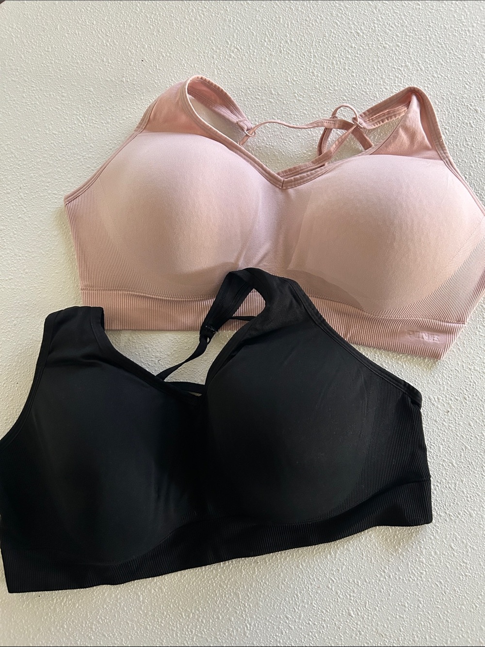 PINK Victoria's Secret Light Pink & Black Wireless Sports Bralettes